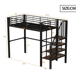 Okwish Lit mezzanine 90x200 cm - Lit simple avec rangement et escalier intégré, structure métallique solide - Noir - Sans matelas