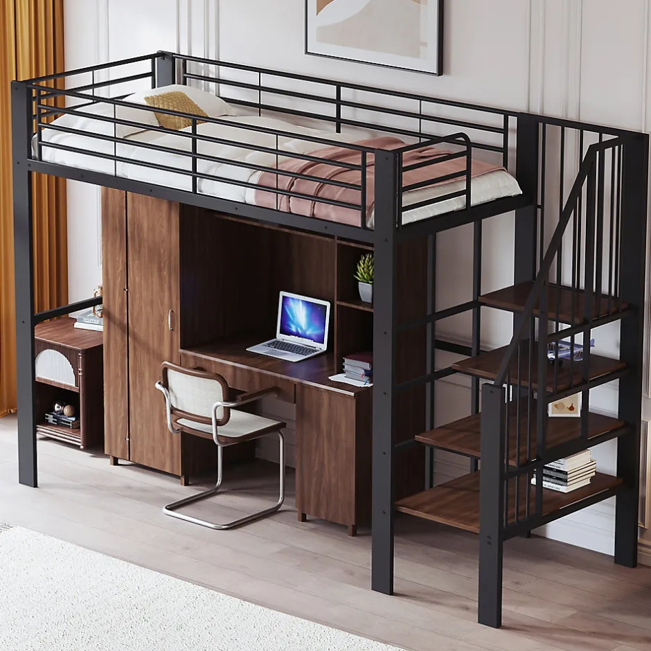 Okwish Lit mezzanine 90x200 cm - Lit simple avec rangement et escalier intégré, structure métallique solide - Noir - Sans matelas