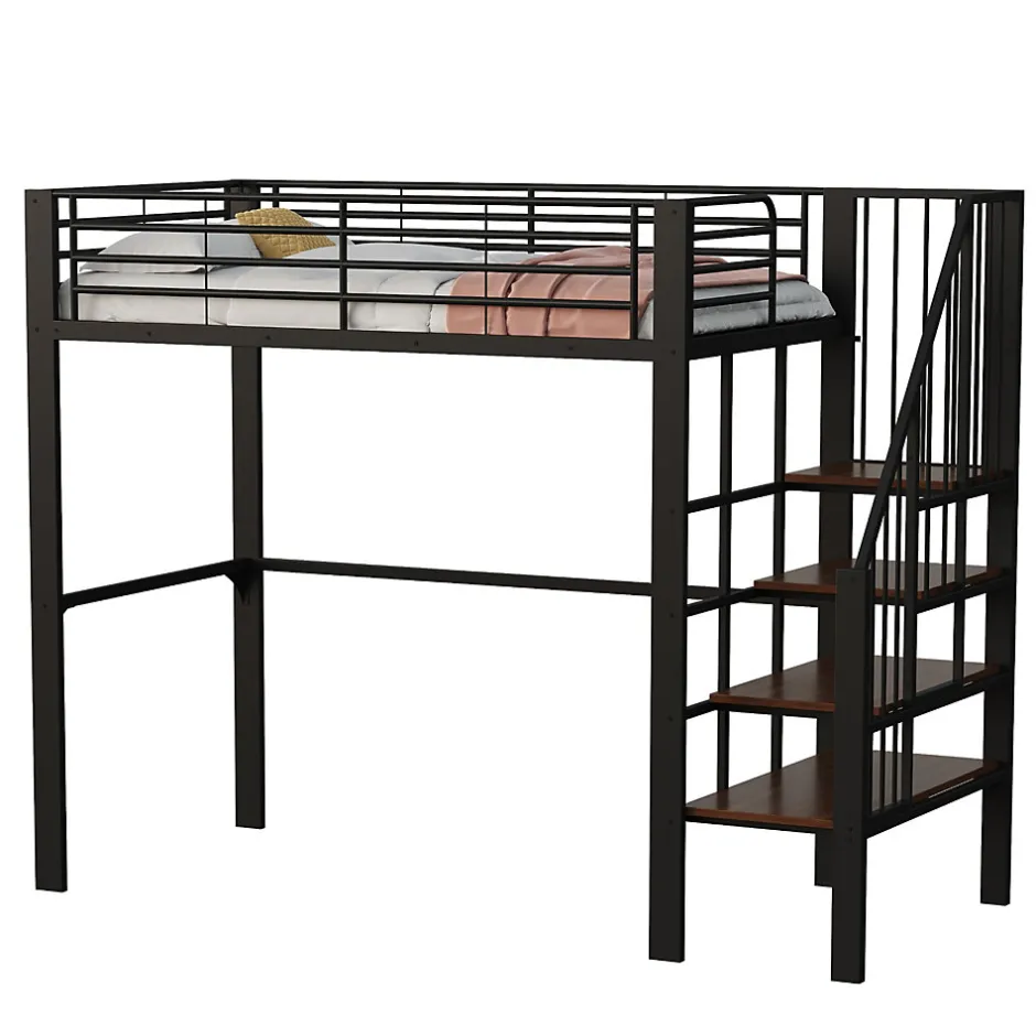 Okwish Lit mezzanine 90x200 cm - Lit simple avec rangement et escalier intégré, structure métallique solide - Noir - Sans matelas