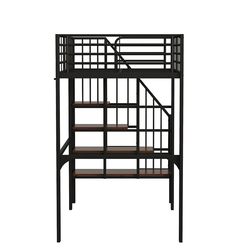 Okwish Lit mezzanine 90x200 cm - Lit simple avec rangement et escalier intégré, structure métallique solide - Noir - Sans matelas