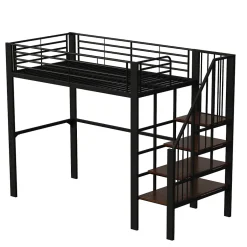 Okwish Lit mezzanine 90x200 cm - Lit simple avec rangement et escalier intégré, structure métallique solide - Noir - Sans matelas