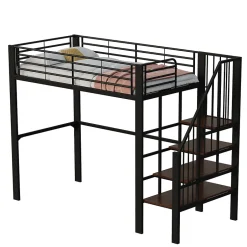 Okwish Lit mezzanine 90x200 cm - Lit simple avec rangement et escalier intégré, structure métallique solide - Noir - Sans matelas