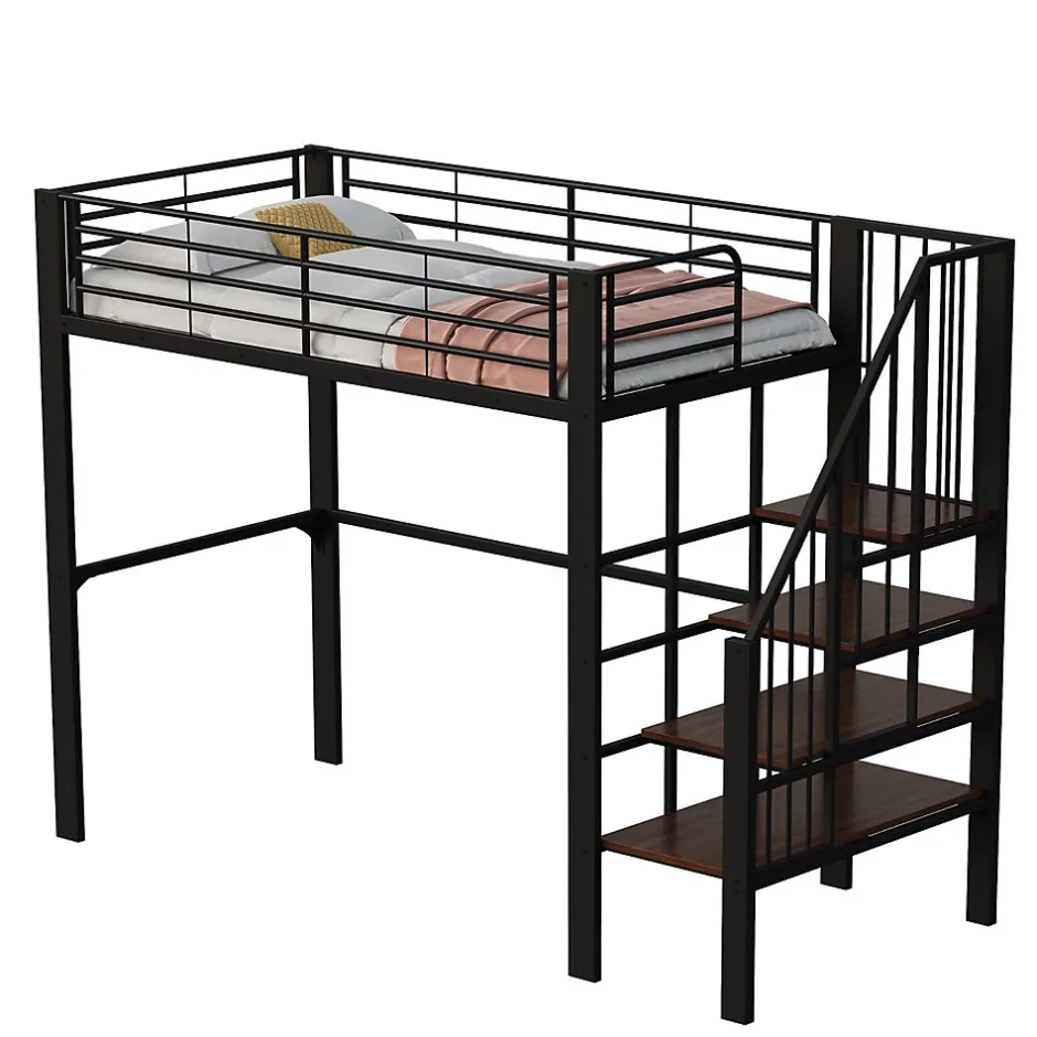 Okwish Lit mezzanine 90x200 cm - Lit simple avec rangement et escalier intégré, structure métallique solide - Noir - Sans matelas