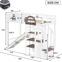 Okwish Lit Mezzanine 90x200 cm - Lit Simple enfant avec Toboggan, Escalier Armoire et Étagère de Rangement - Pin et MDF - Blanc et Marron Sale