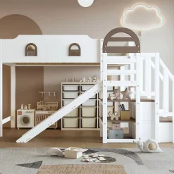 Okwish Lit Mezzanine 90x200 cm - Lit Simple enfant avec Toboggan, Escalier Armoire et Étagère de Rangement - Pin et MDF - Blanc et Marron Sale