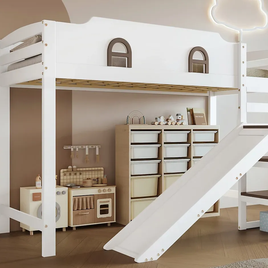 Okwish Lit Mezzanine 90x200 cm - Lit Simple enfant avec Toboggan, Escalier Armoire et Étagère de Rangement - Pin et MDF - Blanc et Marron Sale