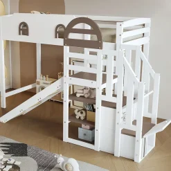 Okwish Lit Mezzanine 90x200 cm - Lit Simple enfant avec Toboggan, Escalier Armoire et Étagère de Rangement - Pin et MDF - Blanc et Marron Sale