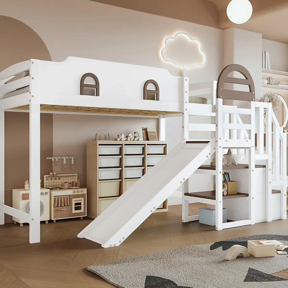Okwish Lit Mezzanine 90x200 cm - Lit Simple enfant avec Toboggan, Escalier Armoire et Étagère de Rangement - Pin et MDF - Blanc et Marron Sale
