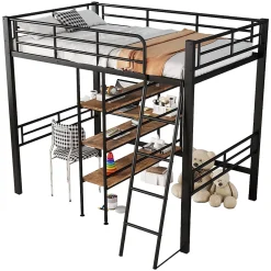 Okwish Lit Mezzanine 90x200 cm - Lit Simple avec Bureau en L, Garde-Corps et Échelle, Sans Matelas - Métal Noir New