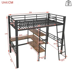 Okwish Lit Mezzanine 90x200 cm - Lit Simple avec Bureau en L, Garde-Corps et Échelle, Sans Matelas - Métal Noir New