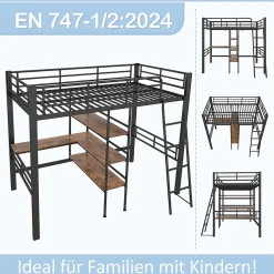 Okwish Lit Mezzanine 90x200 cm - Lit Simple avec Bureau en L, Garde-Corps et Échelle, Sans Matelas - Métal Noir New