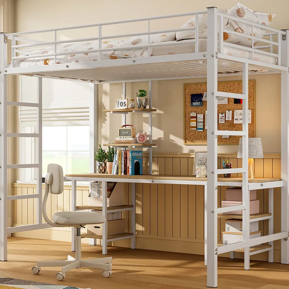 Okwish Lit Mezzanine 90x200 cm - Lit Simple avec Bureau et Étagères de Rangement, Structure Métal Solide, Auto-Installation - Blanc Sale