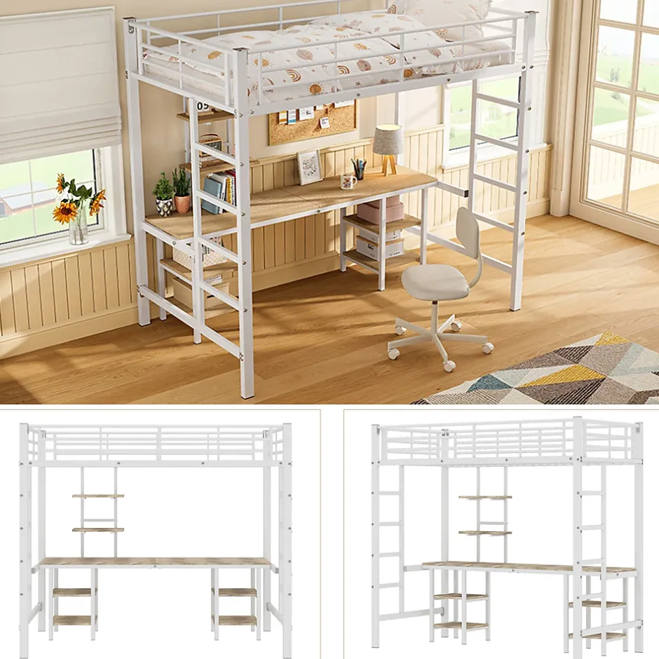 Okwish Lit Mezzanine 90x200 cm - Lit Simple avec Bureau et Étagères de Rangement, Structure Métal Solide, Auto-Installation - Blanc Sale