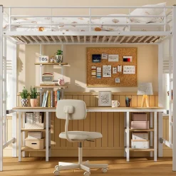 Okwish Lit Mezzanine 90x200 cm - Lit Simple avec Bureau et Étagères de Rangement, Structure Métal Solide, Auto-Installation - Blanc Sale
