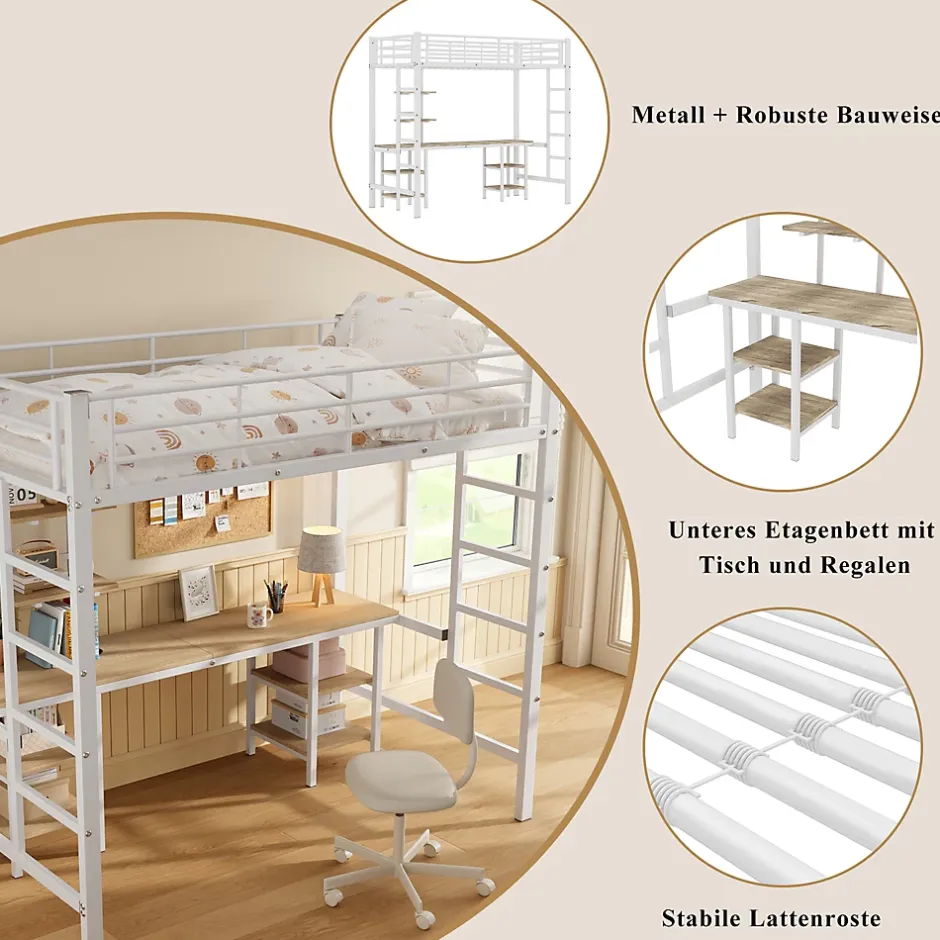 Okwish Lit Mezzanine 90x200 cm - Lit Simple avec Bureau et Étagères de Rangement, Structure Métal Solide, Auto-Installation - Blanc Sale