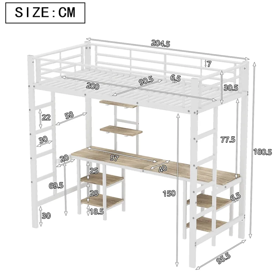 Okwish Lit Mezzanine 90x200 cm - Lit Simple avec Bureau et Étagères de Rangement, Structure Métal Solide, Auto-Installation - Blanc Sale