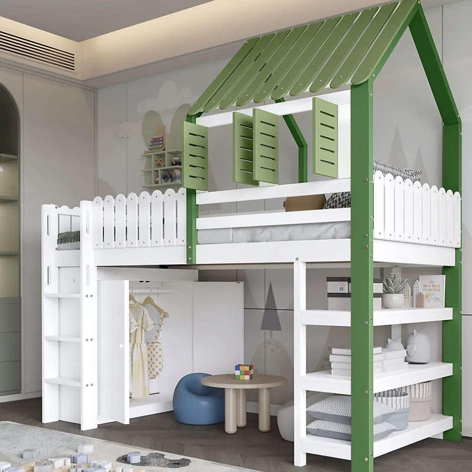 Okwish Lit Mezzanine 90x200 cm - Lit Simple avec Protection et Étagère de Rangement, Bois Pin et MDF, Sans Matelas, Blanc et Vert
