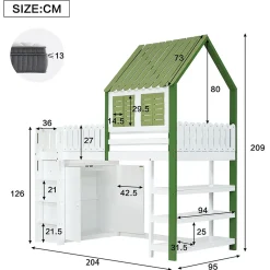Okwish Lit Mezzanine 90x200 cm - Lit Simple avec Protection et Étagère de Rangement, Bois Pin et MDF, Sans Matelas, Blanc et Vert