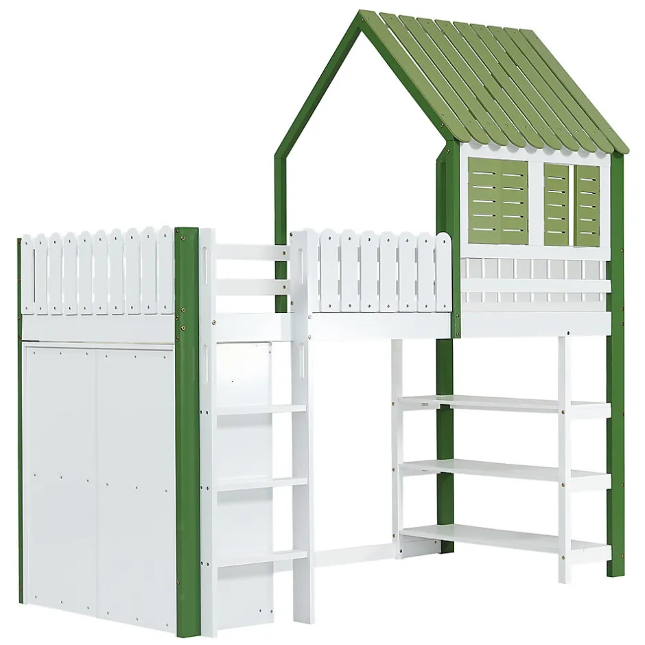 Okwish Lit Mezzanine 90x200 cm - Lit Simple avec Protection et Étagère de Rangement, Bois Pin et MDF, Sans Matelas, Blanc et Vert