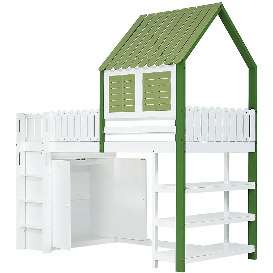 Okwish Lit Mezzanine 90x200 cm - Lit Simple avec Protection et Étagère de Rangement, Bois Pin et MDF, Sans Matelas, Blanc et Vert