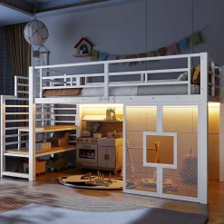 Okwish Lit Mezzanine 90x200 cm - Lit Simple avec Escalier de Rangement et LED Intégrée, sans Matelas - Métal Blanc