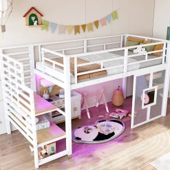Okwish Lit Mezzanine 90x200 cm - Lit Simple avec Escalier de Rangement et LED Intégrée, sans Matelas - Métal Blanc