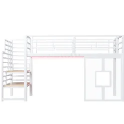Okwish Lit Mezzanine 90x200 cm - Lit Simple avec Escalier de Rangement et LED Intégrée, sans Matelas - Métal Blanc