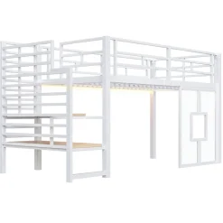 Okwish Lit Mezzanine 90x200 cm - Lit Simple avec Escalier de Rangement et LED Intégrée, sans Matelas - Métal Blanc