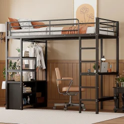 Okwish Lit Mezzanine 90x200 cm - Lit Surélevé Ado en Métal avec Bureau, Prise USB et Rangements Ouverts - Sans Matelas - Noir