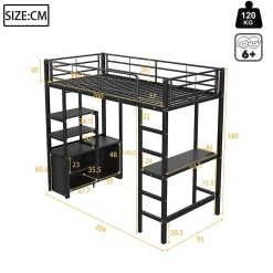 Okwish Lit Mezzanine 90x200 cm - Lit Surélevé Ado en Métal avec Bureau, Prise USB et Rangements Ouverts - Sans Matelas - Noir