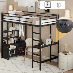 Okwish Lit Mezzanine 90x200 cm - Lit Surélevé Ado en Métal avec Bureau, Prise USB et Rangements Ouverts - Sans Matelas - Noir