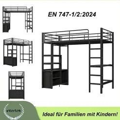 Okwish Lit Mezzanine 90x200 cm - Lit Surélevé Ado en Métal avec Bureau, Prise USB et Rangements Ouverts - Sans Matelas - Noir