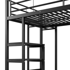 Okwish Lit Mezzanine 90x200 cm - Lit Surélevé Ado en Métal avec Bureau, Prise USB et Rangements Ouverts - Sans Matelas - Noir