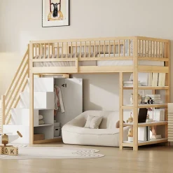 Okwish Lit Mezzanine 90x200 cm - Lit Simple avec Escalier Sécurisé, Armoire et Étagères de Rangement, Sans Matelas - Naturel Best