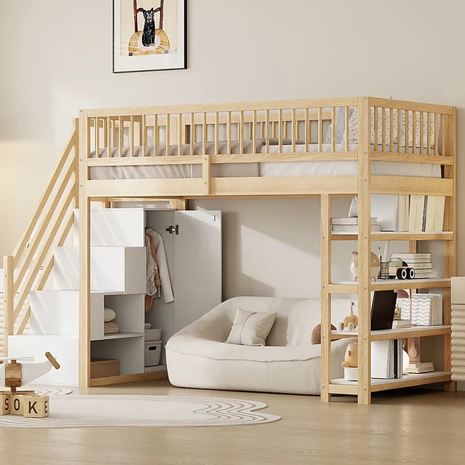 Okwish Lit Mezzanine 90x200 cm - Lit Simple avec Escalier Sécurisé, Armoire et Étagères de Rangement, Sans Matelas - Naturel Best