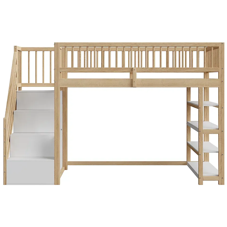 Okwish Lit Mezzanine 90x200 cm - Lit Simple avec Escalier Sécurisé, Armoire et Étagères de Rangement, Sans Matelas - Naturel Best