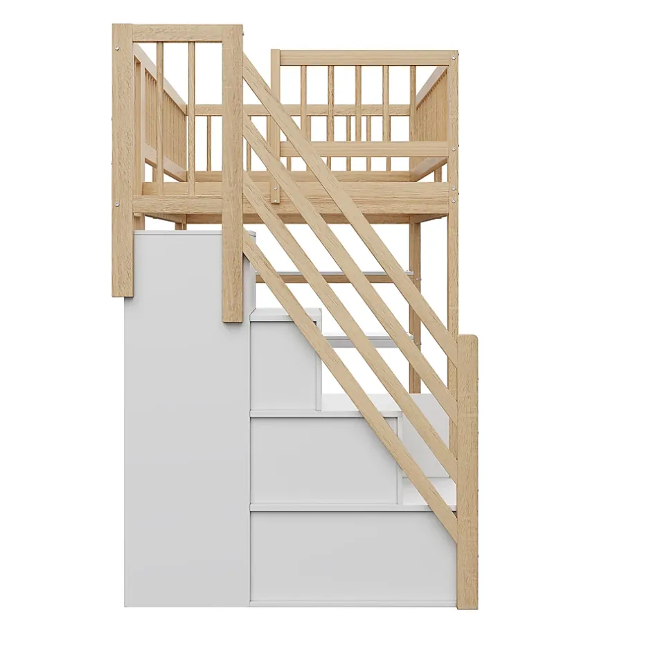 Okwish Lit Mezzanine 90x200 cm - Lit Simple avec Escalier Sécurisé, Armoire et Étagères de Rangement, Sans Matelas - Naturel Best
