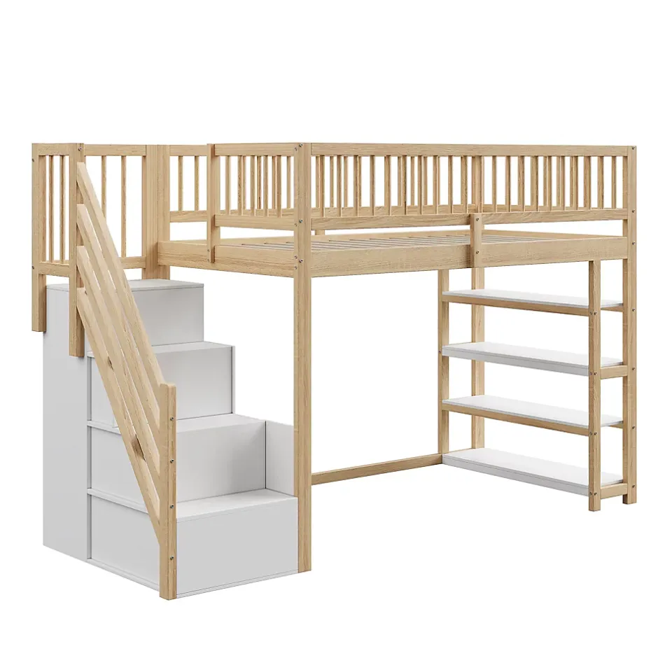 Okwish Lit Mezzanine 90x200 cm - Lit Simple avec Escalier Sécurisé, Armoire et Étagères de Rangement, Sans Matelas - Naturel Best