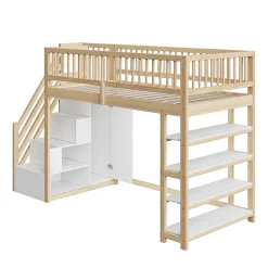 Okwish Lit Mezzanine 90x200 cm - Lit Simple avec Escalier Sécurisé, Armoire et Étagères de Rangement, Sans Matelas - Naturel Best