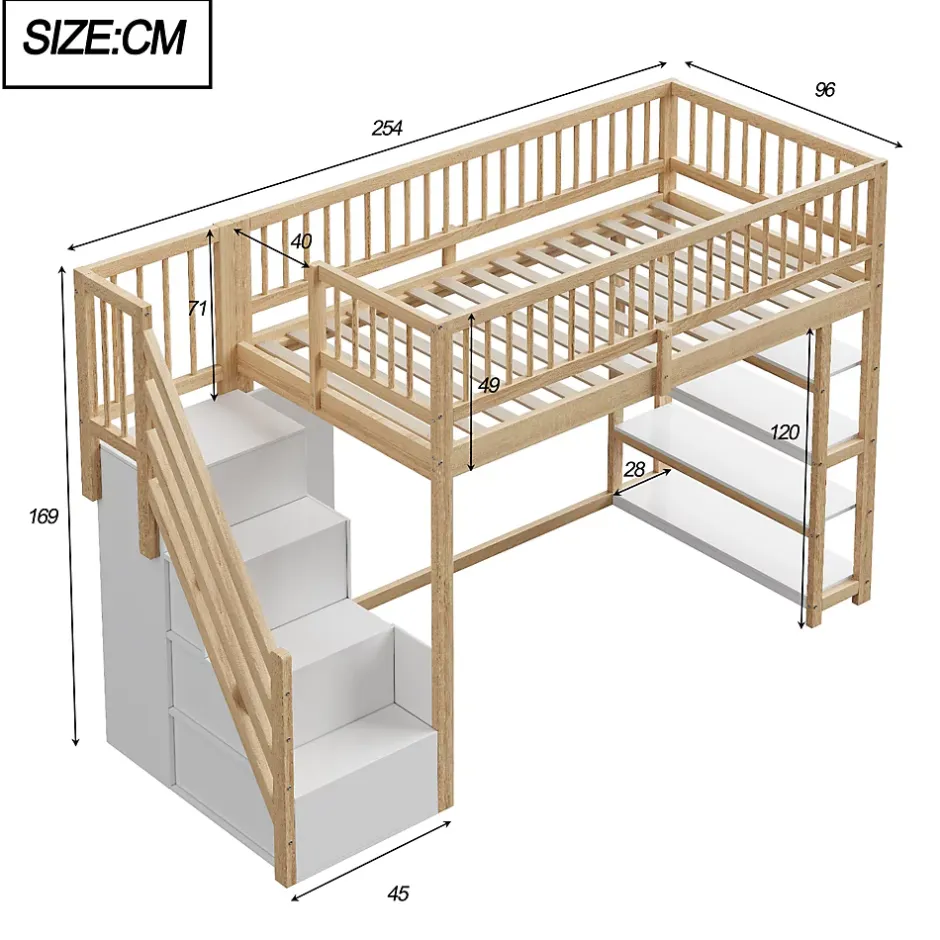 Okwish Lit Mezzanine 90x200 cm - Lit Simple avec Escalier Sécurisé, Armoire et Étagères de Rangement, Sans Matelas - Naturel Best