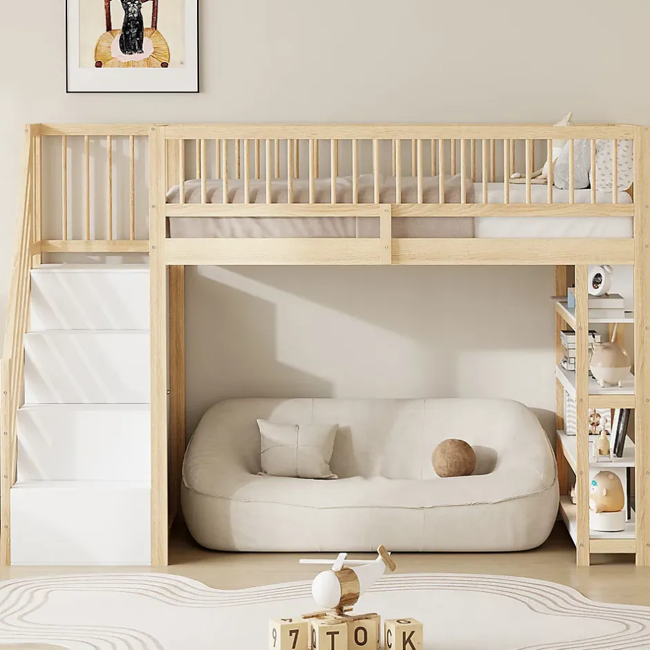 Okwish Lit Mezzanine 90x200 cm - Lit Simple avec Escalier Sécurisé, Armoire et Étagères de Rangement, Sans Matelas - Naturel Best