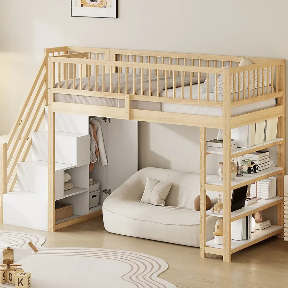 Okwish Lit Mezzanine 90x200 cm - Lit Simple avec Escalier Sécurisé, Armoire et Étagères de Rangement, Sans Matelas - Naturel Best