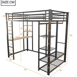 Okwish Lit mezzanine 90x200 cm - Lit simple avec étagères de rangement et échelle pratique - Table intégrée - Sans matelas - Noir