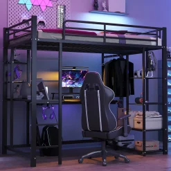 Okwish Lit mezzanine 90x200 cm - Lit simple avec étagères de rangement et échelle pratique - Table intégrée - Sans matelas - Noir
