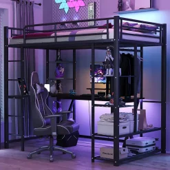 Okwish Lit mezzanine 90x200 cm - Lit simple avec étagères de rangement et échelle pratique - Table intégrée - Sans matelas - Noir