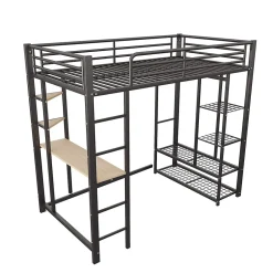 Okwish Lit mezzanine 90x200 cm - Lit simple avec étagères de rangement et échelle pratique - Table intégrée - Sans matelas - Noir