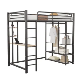Okwish Lit mezzanine 90x200 cm - Lit simple avec étagères de rangement et échelle pratique - Table intégrée - Sans matelas - Noir