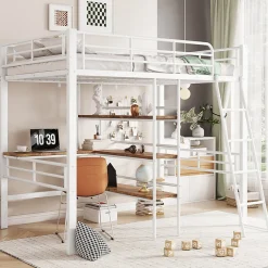 Okwish Lit Mezzanine 90x200 cm - Lit Simple avec Bureau en L, Échelle et Garde-Corps, Sans Matelas - Métal, Blanc