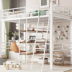 Okwish Lit Mezzanine 90x200 cm - Lit Simple avec Bureau en L, Échelle et Garde-Corps, Sans Matelas - Métal, Blanc
