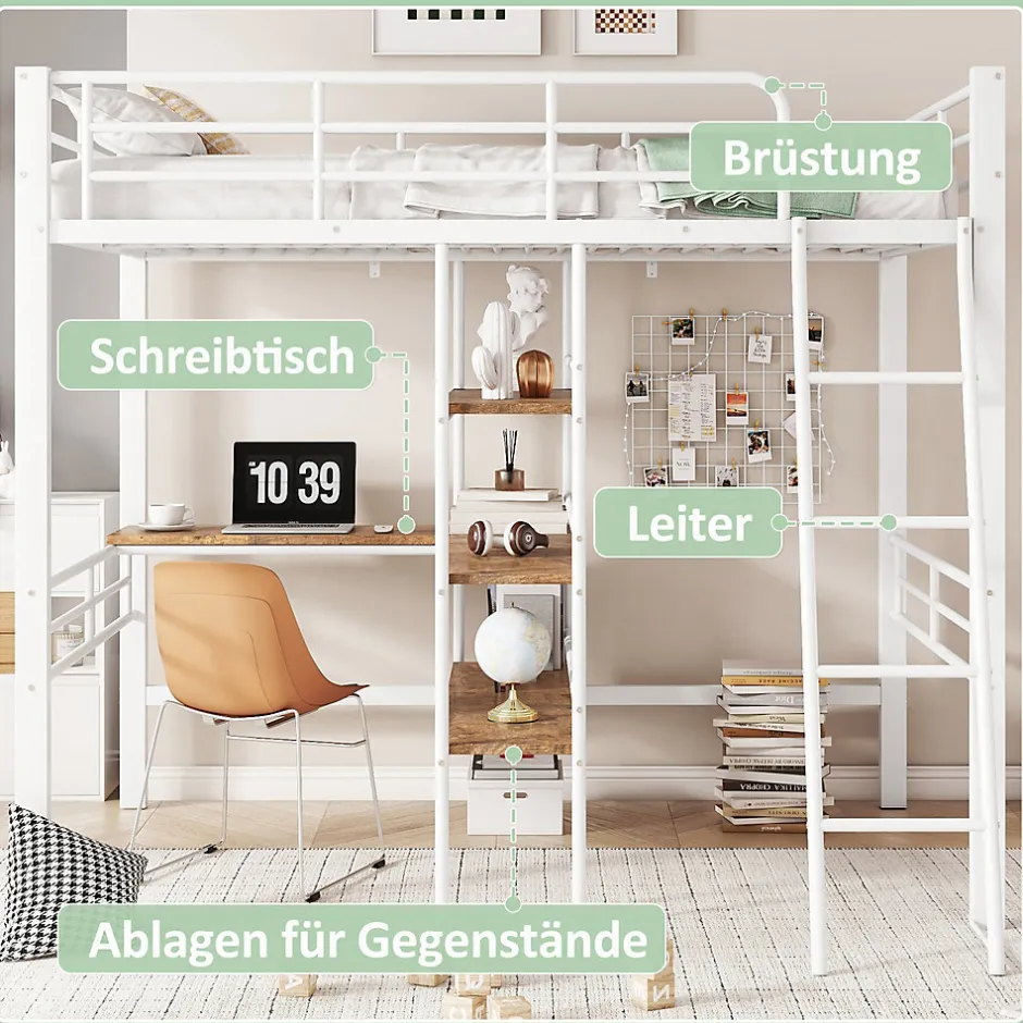 Okwish Lit Mezzanine 90x200 cm - Lit Simple avec Bureau en L, Échelle et Garde-Corps, Sans Matelas - Métal, Blanc